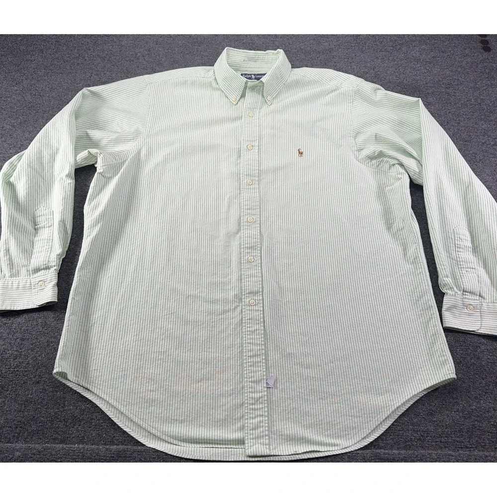 POLO RALPH LAUREN Long Sleeve‎ Shirt Mens 17-36 Green Stripe Flesh Pony *